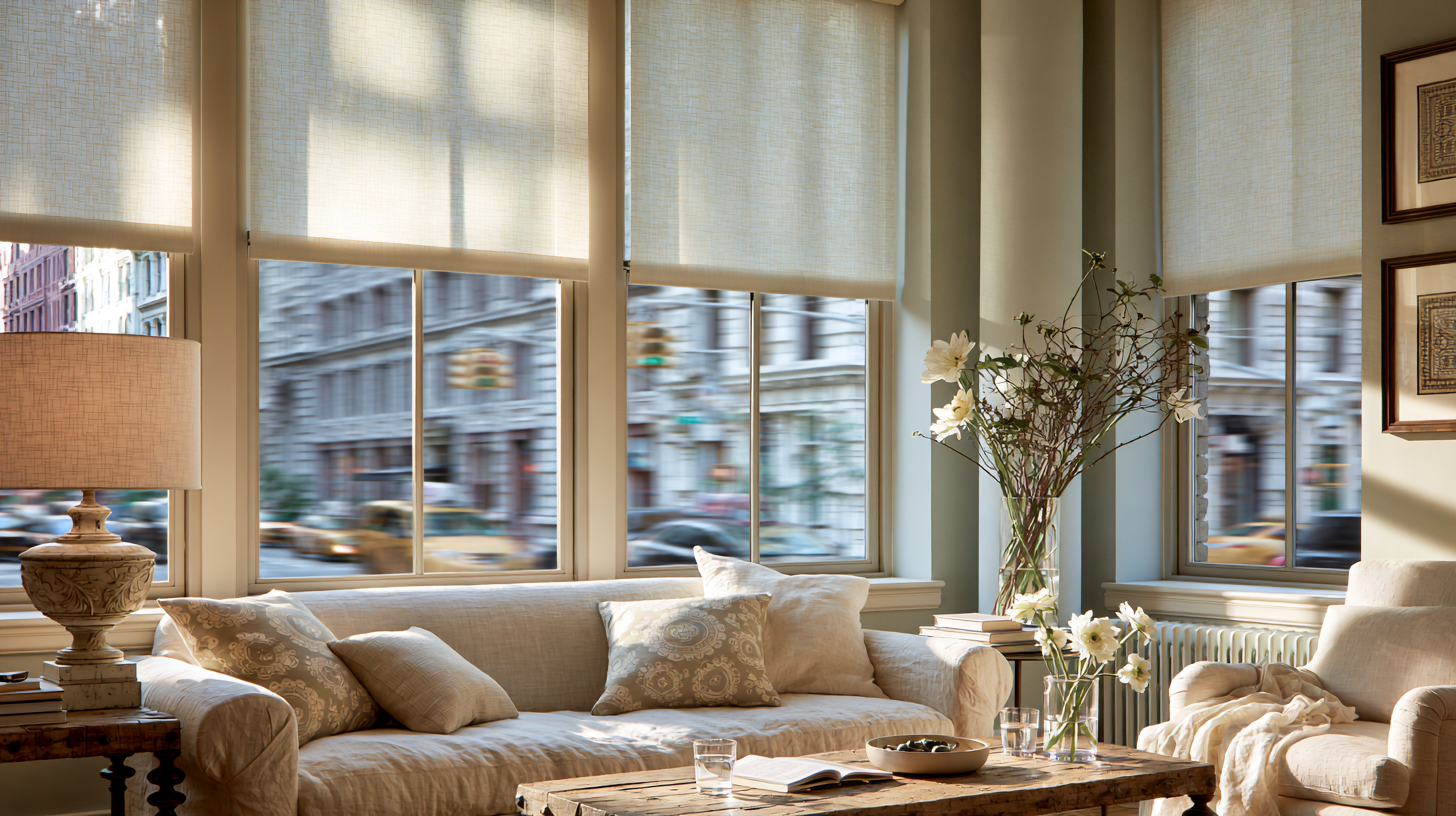 Noise-reducing fabric blinds in NYC apartment bedroom